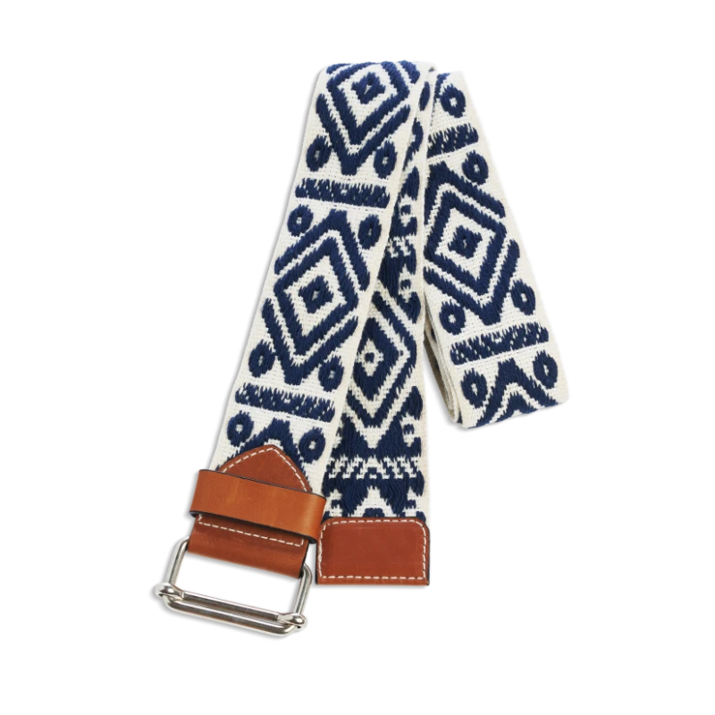 Ceinture colorée à motifs géométriques bleu marine et écru, en coton et cuir naturel gold et boucle nickel