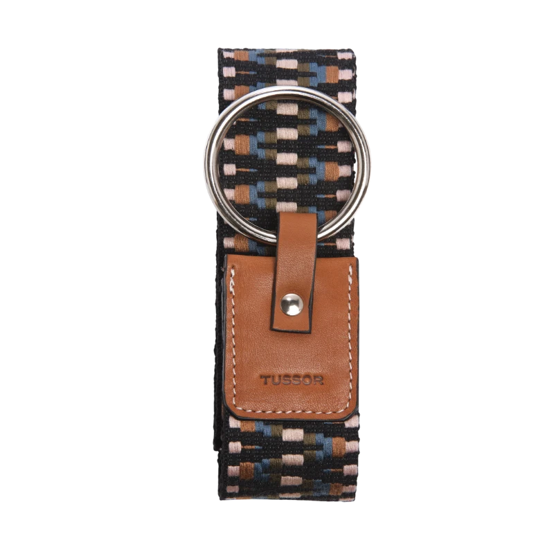 Ceinture duo château de sable bleu canard colorée en coton et cuir naturel gold et boucle nickel