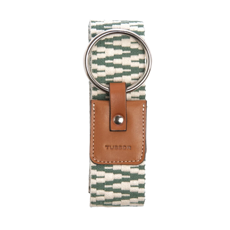 Ceinture duo graphique vert colorée en coton et cuir naturel gold et boucle nickel