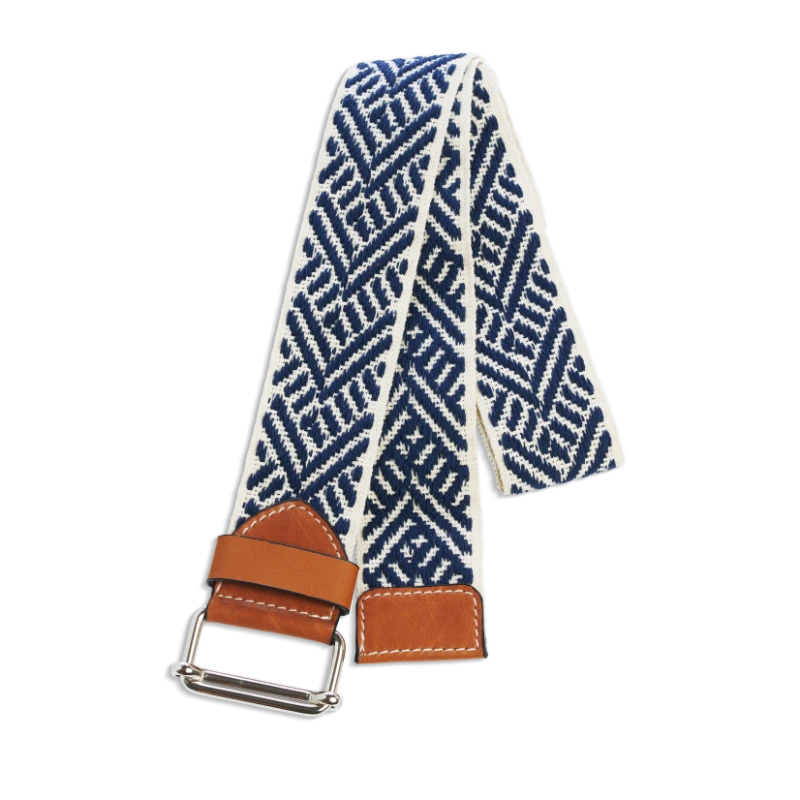 Ceinture colorée à motifs bleu marine et beige en coton et cuir naturel gold et boucle nickel