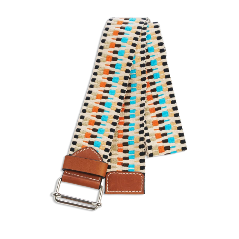 Ceinture colorée à motifs corail, turquoise et beige en coton et cuir naturel gold et boucle nickel