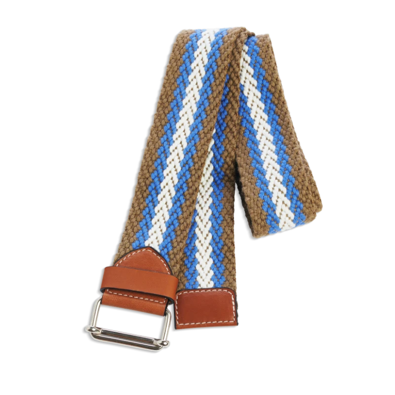 Ceinture colorée à rayures marron clair, bleu et écru en coton et cuir naturel gold et boucle argent
