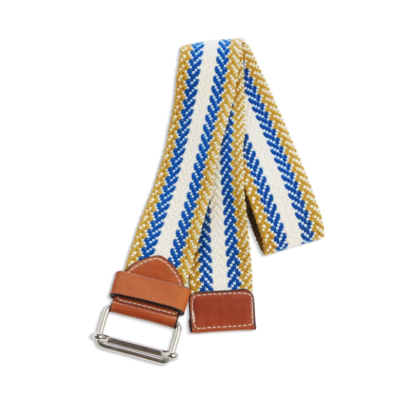 Ceinture colorée à rayures écrue, bleues et moutardes en coton et cuir naturel gold et boucle argent