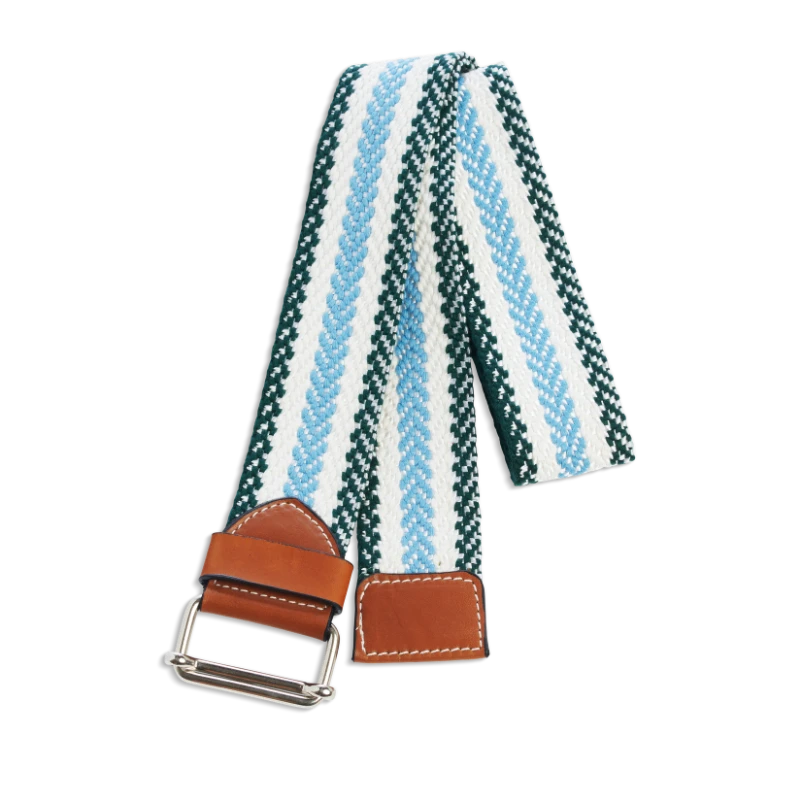 Ceinture colorée à rayures bleue, blanches et vertes en coton et cuir naturel gold et boucle argent