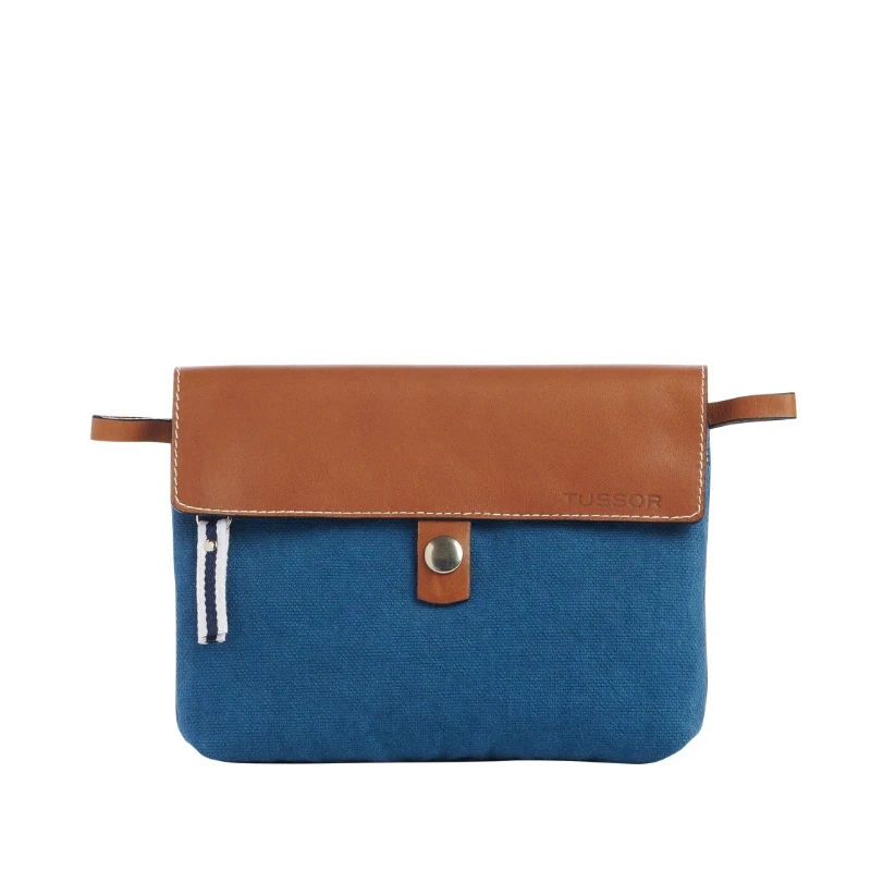 pochette amovible en cuir et coton bleu canard