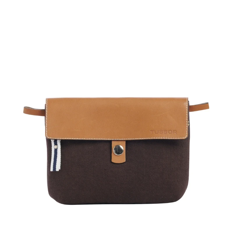 pochette amovible en cuir et coton chocolat