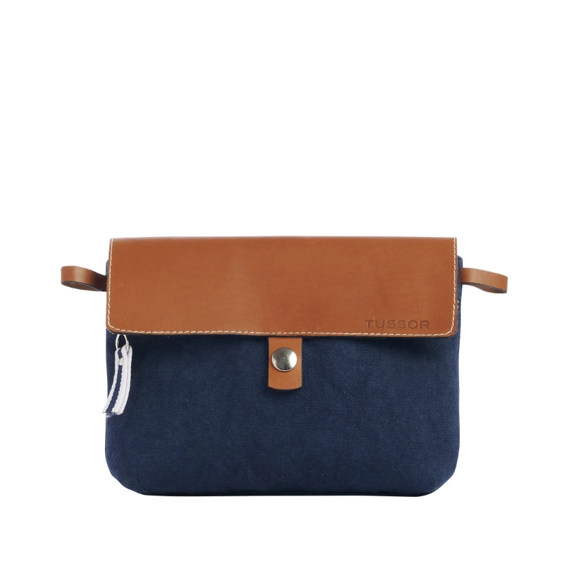pochette amovible en cuir et coton marine
