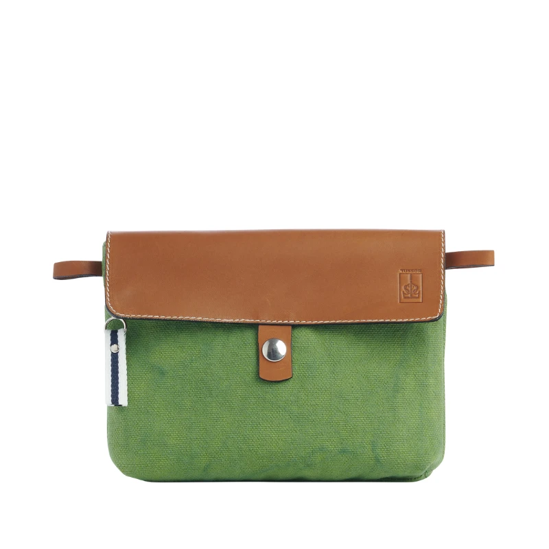 pochette amovible en cuir et coton vert