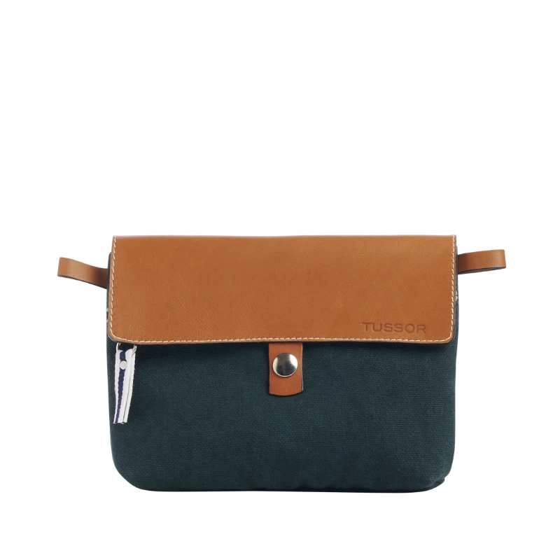 pochette amovible en cuir et coton vert foret