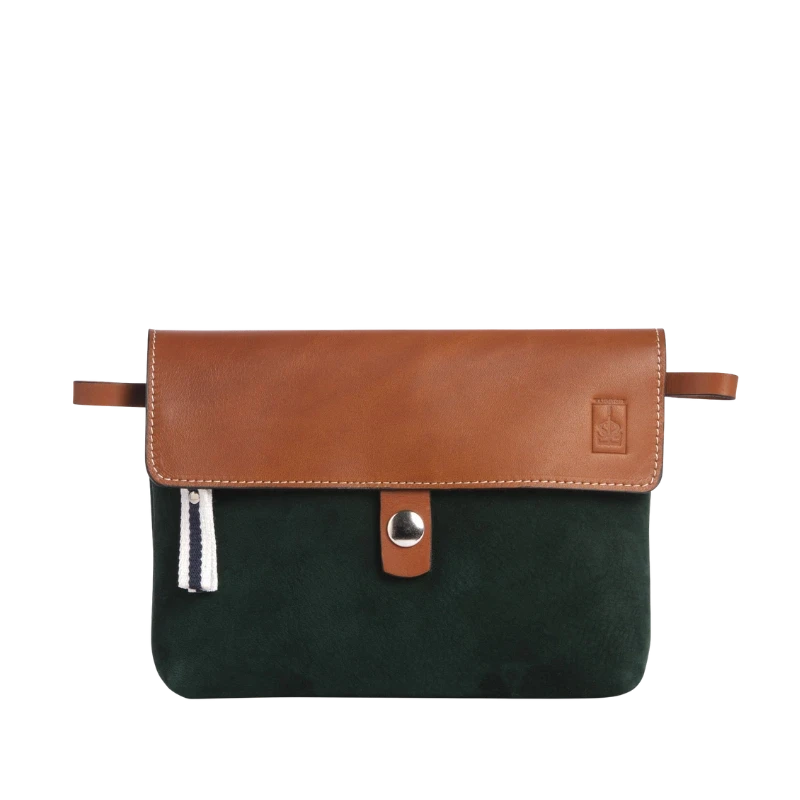 pochette amovible en cuir nubuck veau vert forêt et son rabat en cuir gold
