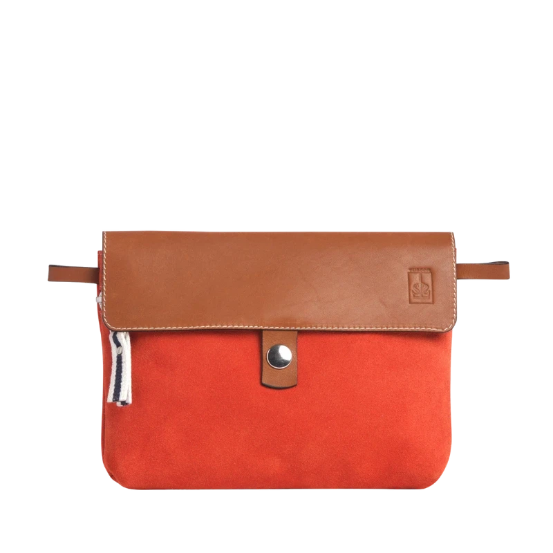 pochette amovible en cuir vachette velours corail et son rabat en cuir gold
