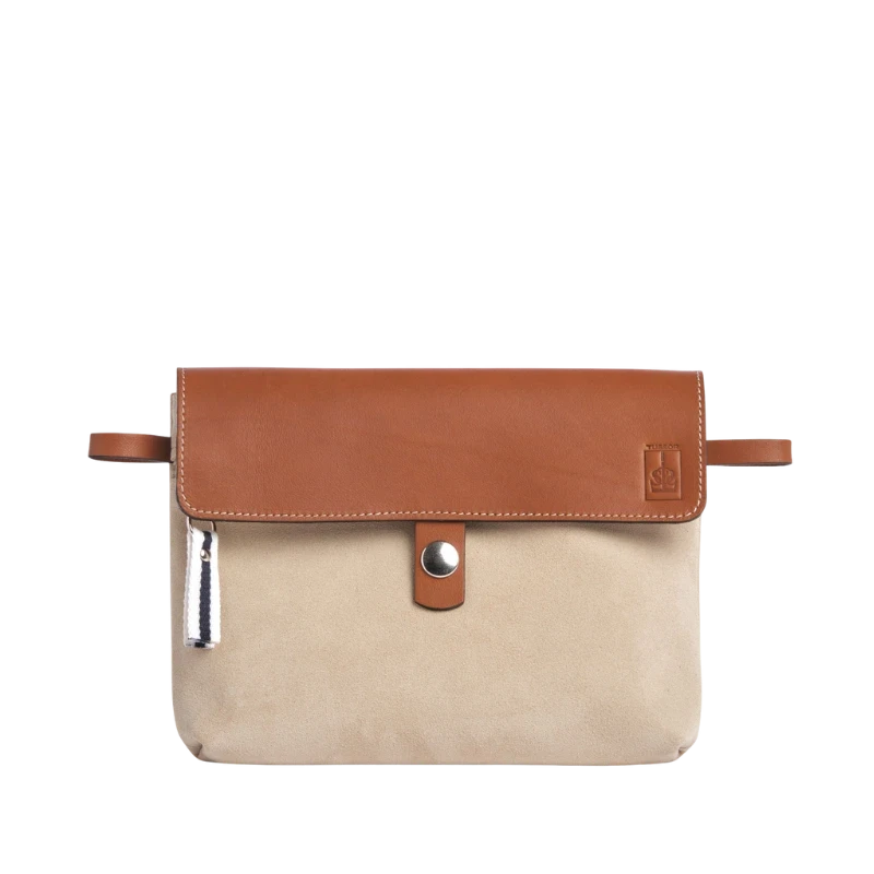 pochette amovible en cuir vachette velours grège et son rabat en cuir gold