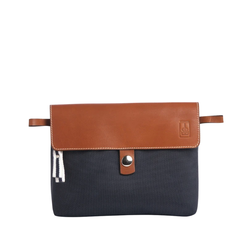 pochette amovible en cuir et polyester givré bleu marine