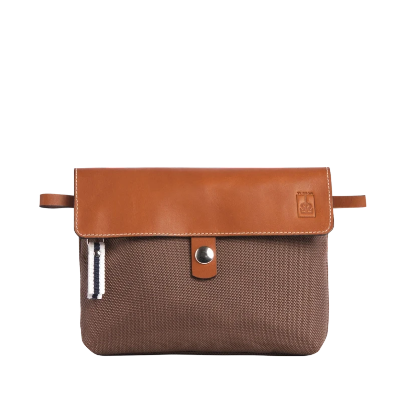 pochette amovible en cuir et polyester givré taupe