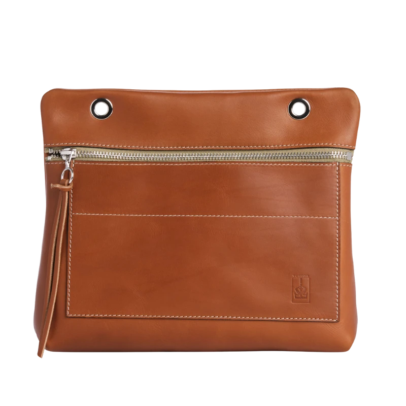 Grande pochette modulable en cuir naturel veau gold avec une poche devant