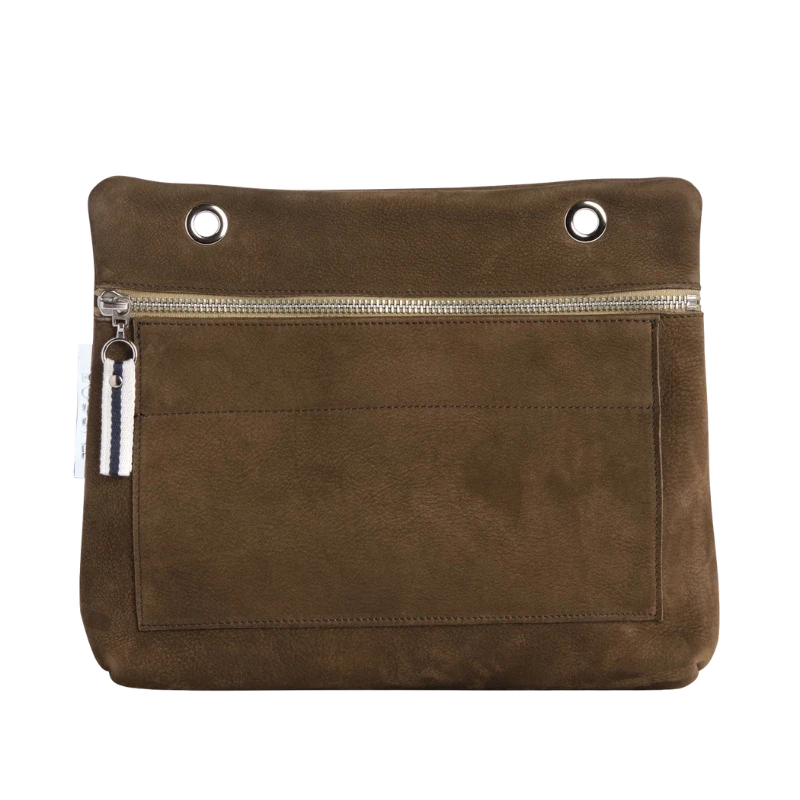 Grande pochette modulable en cuir nubuck veau pleine fleur taupe