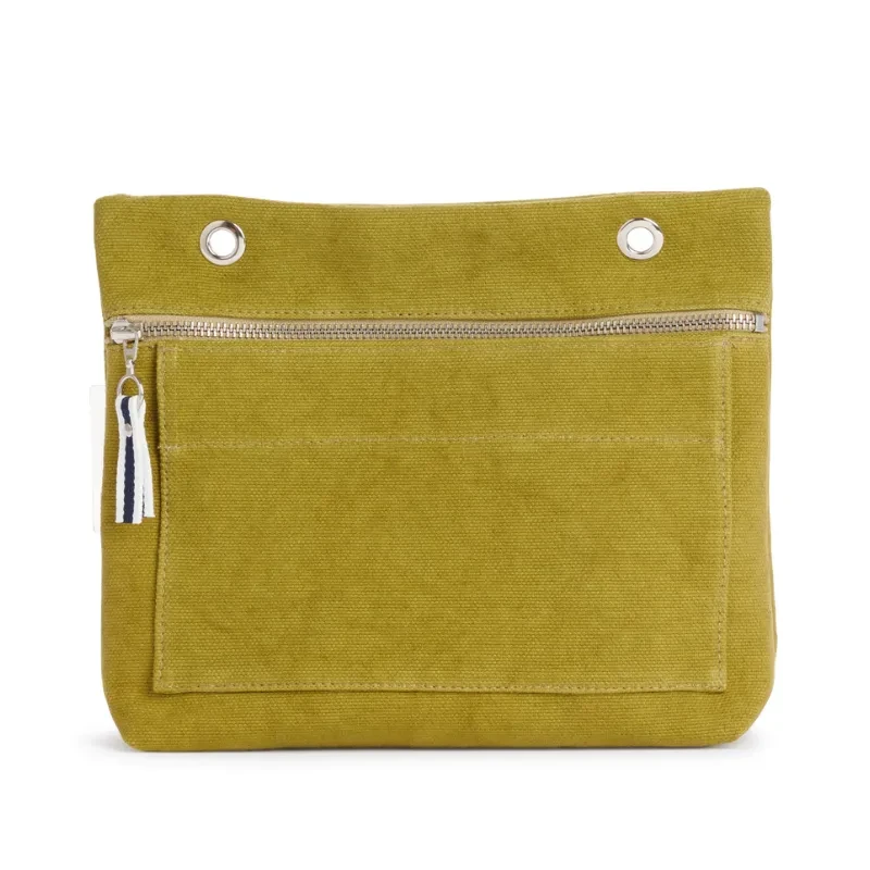 Grande pochette modulable en coton olive avec une poche devant