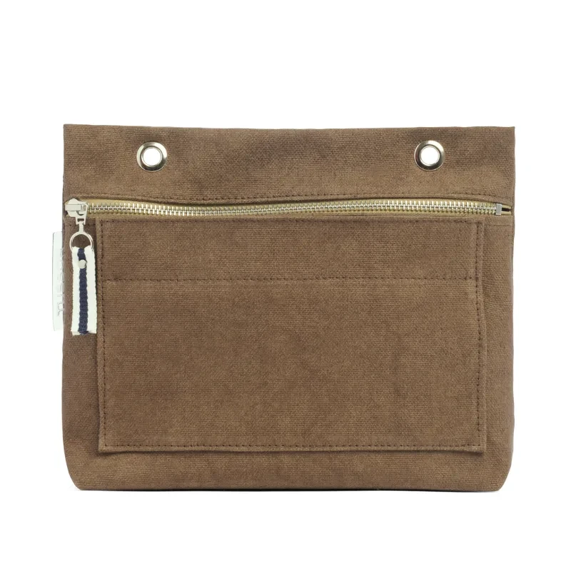Grande pochette modulable en coton taupe avec une poche devant