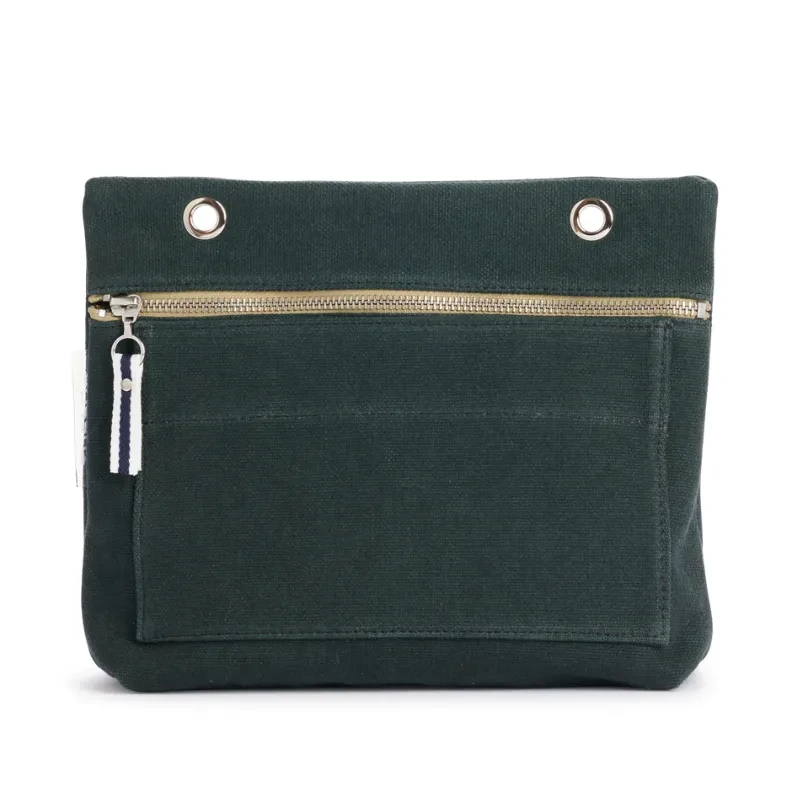 Grande pochette modulable en coton vert forêt avec une poche devant