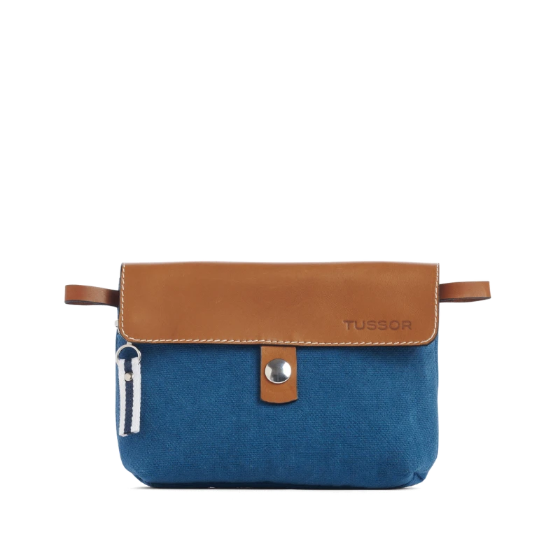 pochette mobile amovible en coton bleu canard et cuir face