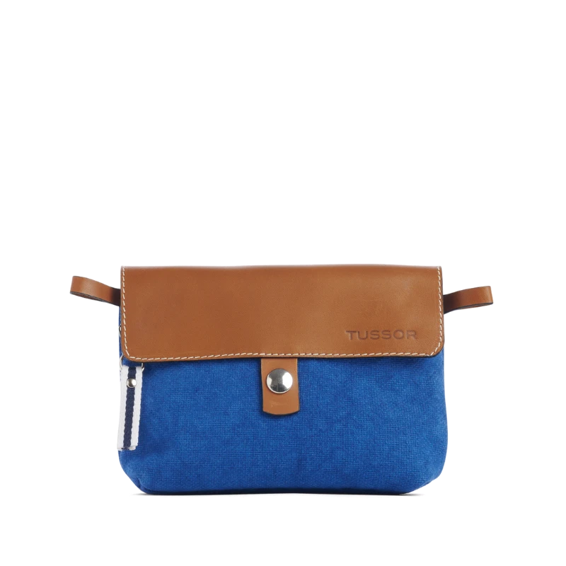 pochette mobile amovible en coton bleu roi et cuir