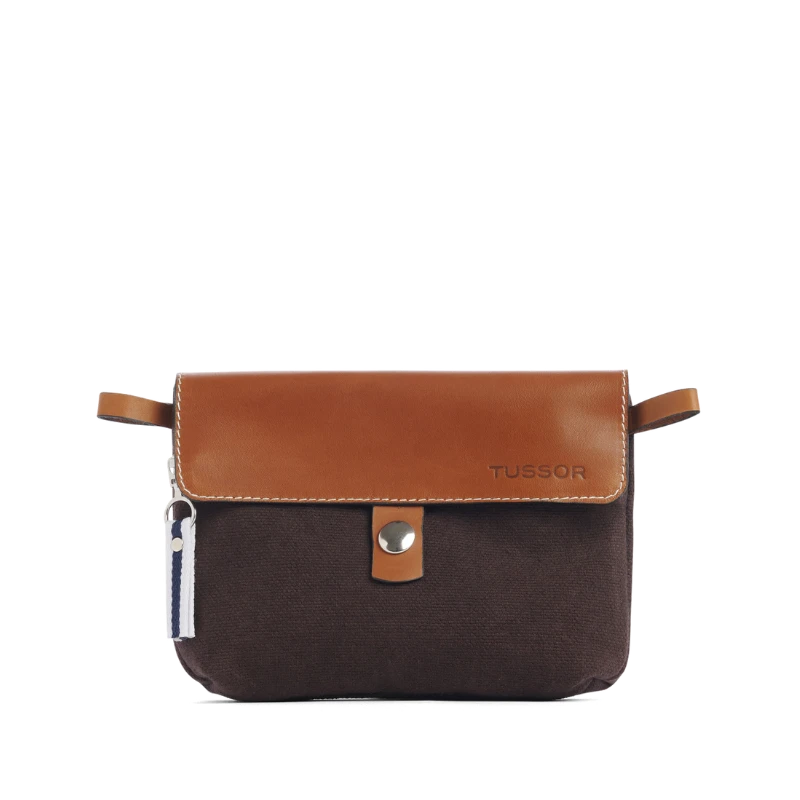 pochette mobile amovible en coton choclat et cuir face