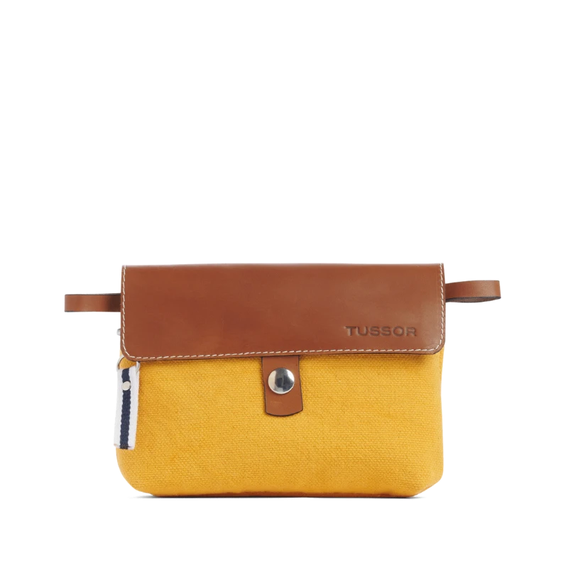 pochette mobile amovible en coton jaune et cuir de face