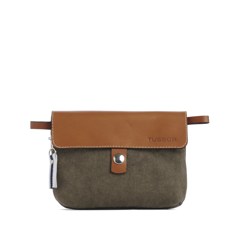 pochette mobile amovible en coton kaki et cuir