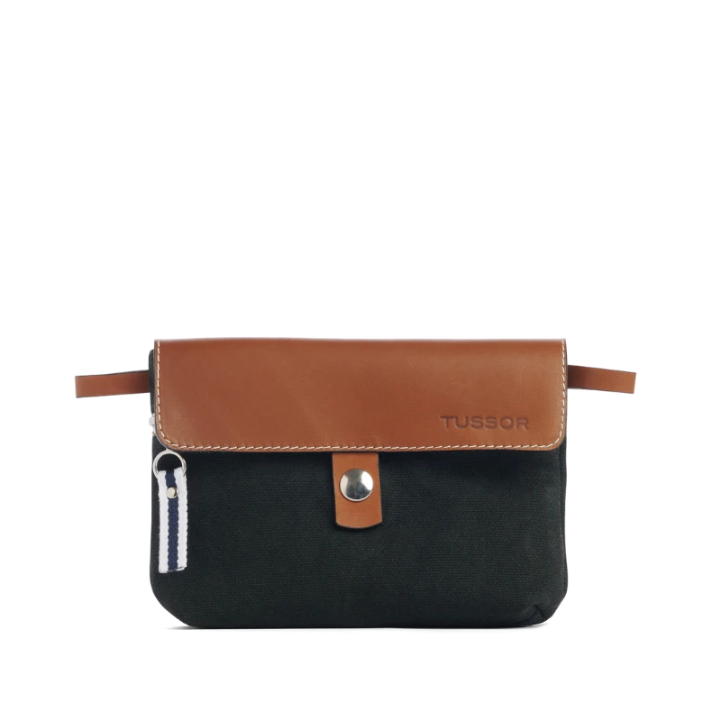 pochette mobile amovible en coton noir et cuir