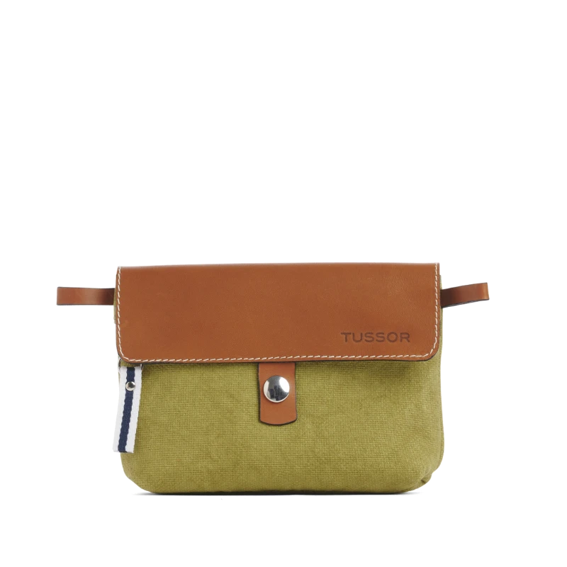 pochette mobile amovible en coton olive et cuir, vue de face