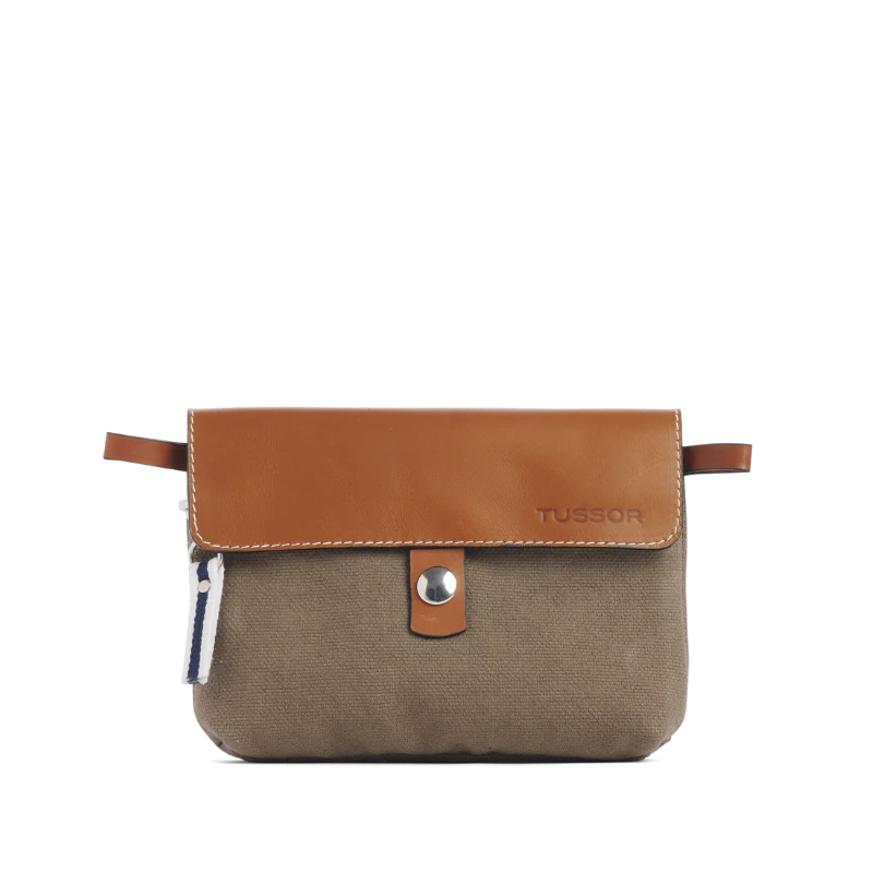pochette mobile amovible en coton taupe et cuir, de face