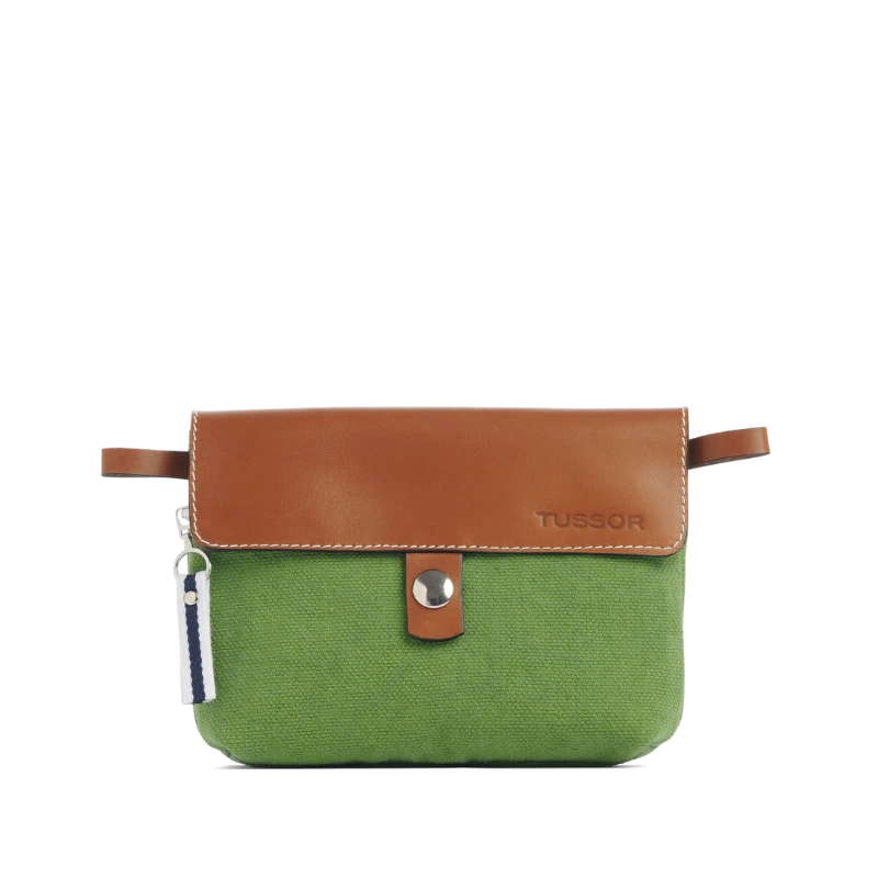 pochette mobile amovible en coton vert et cuir vue de face
