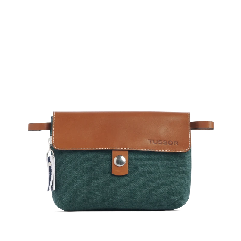 pochette mobile amovible en coton vert forêt et cuir