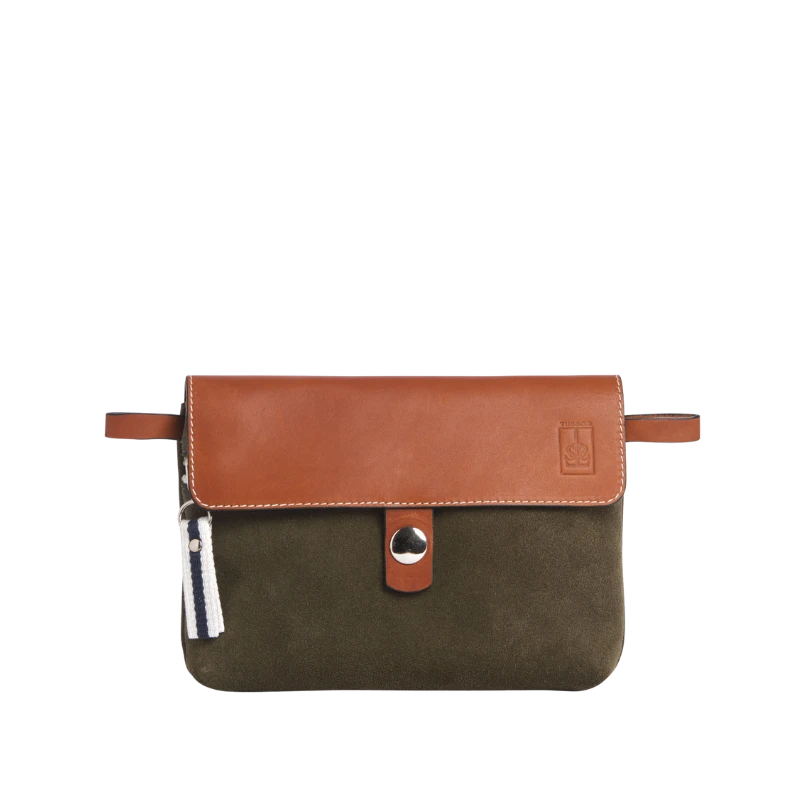 pochette mobile amovible en cuir vachette velours kaki