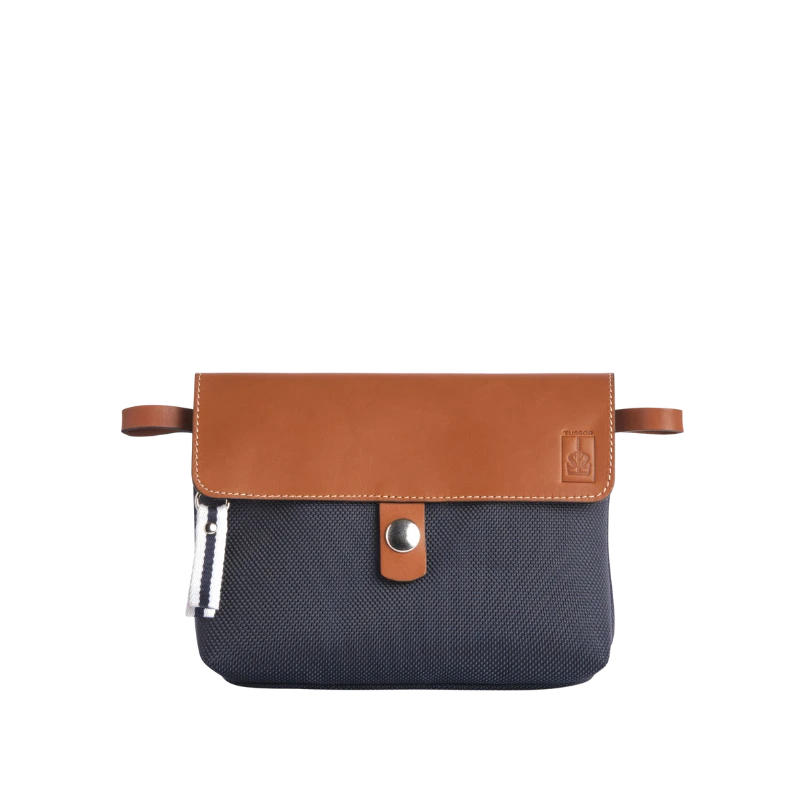 pochette mobile amovible en polyester givré bleu marine et cuir face
