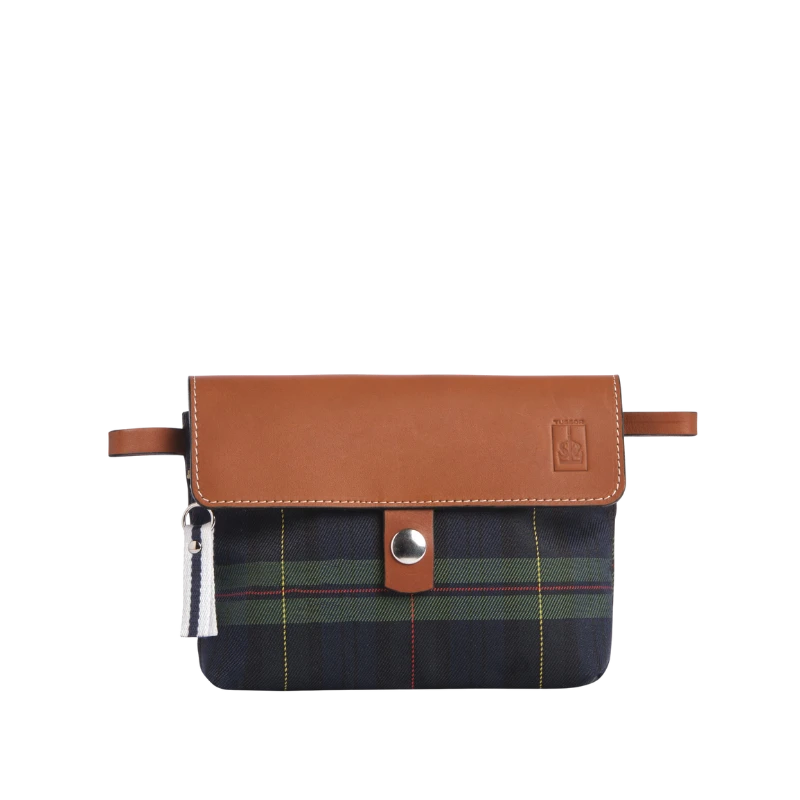 pochette mobile amovible en polyester écossais marine et cuir face