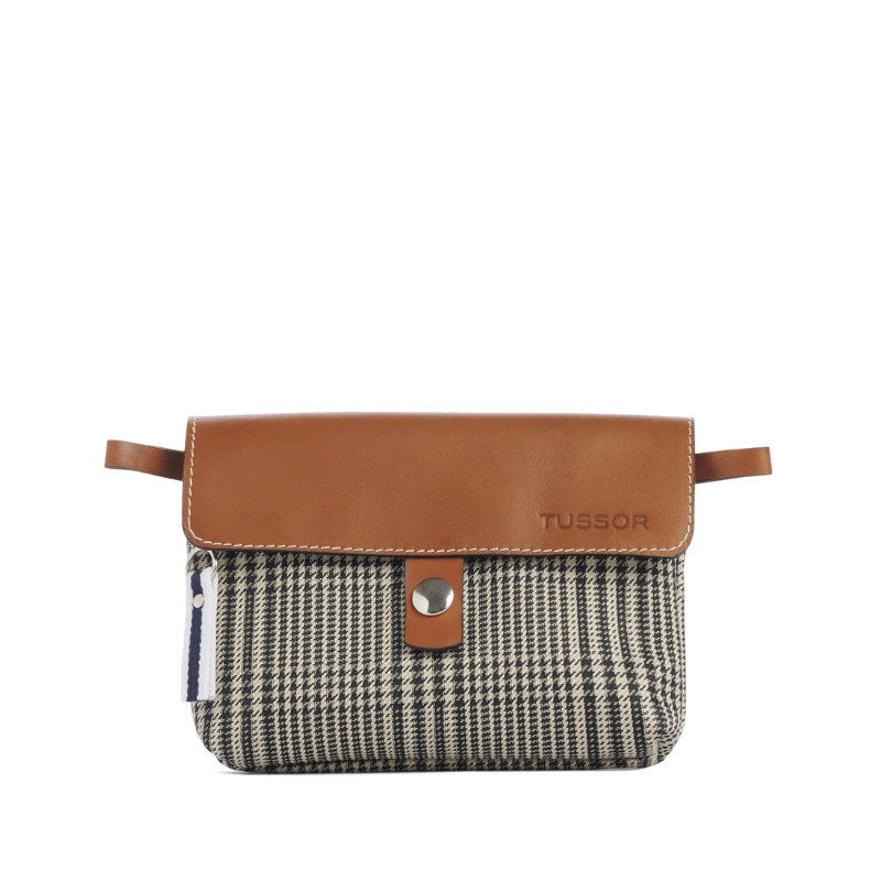 pochette mobile amovible en polyester prince de Galles et cuir face