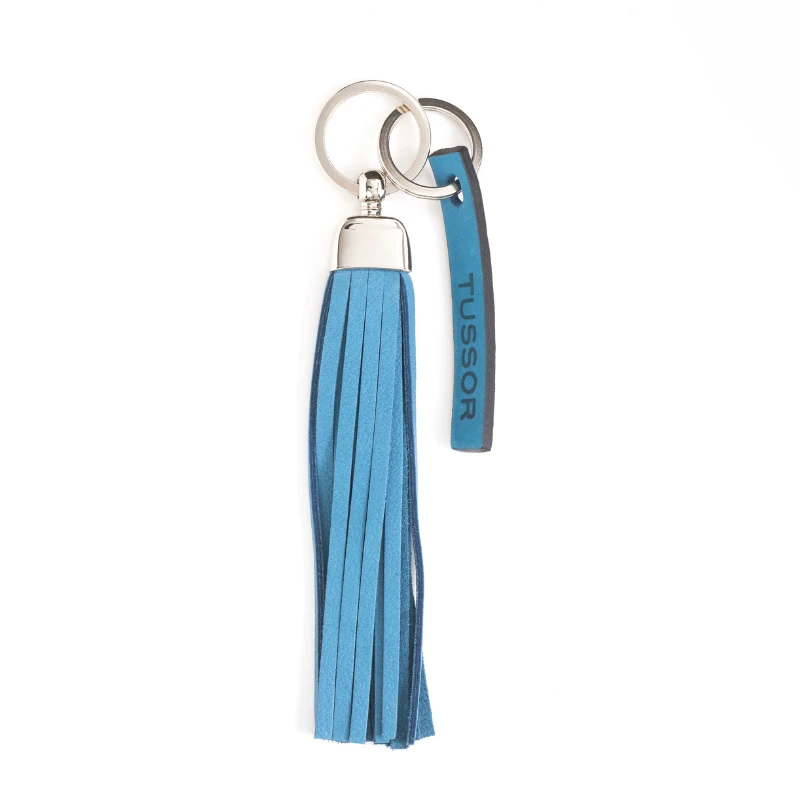 porte-clés pompon en cuir bleu océan