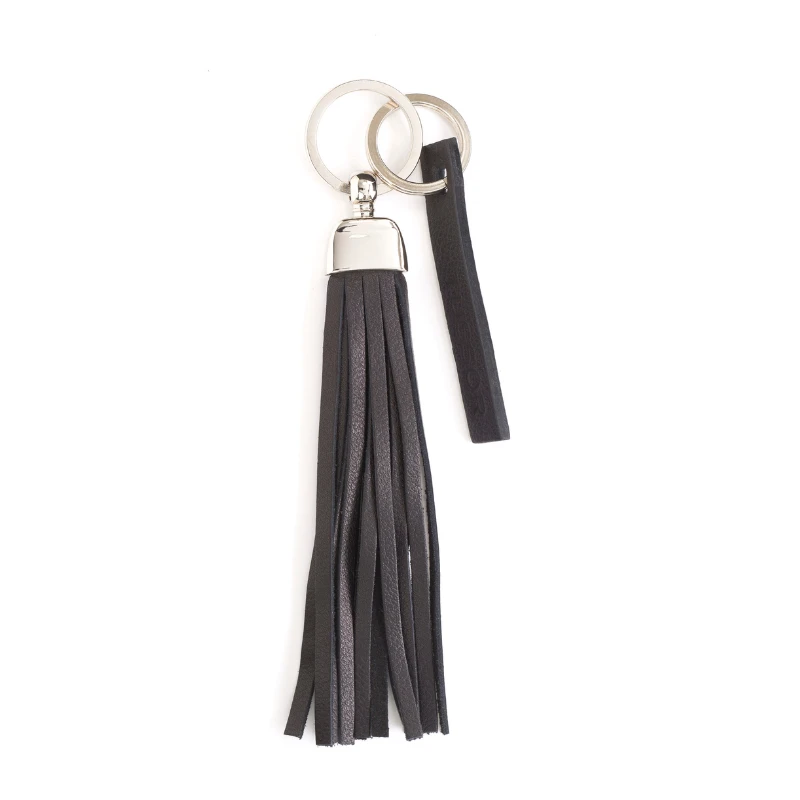 porte-clés pompon en cuir noir