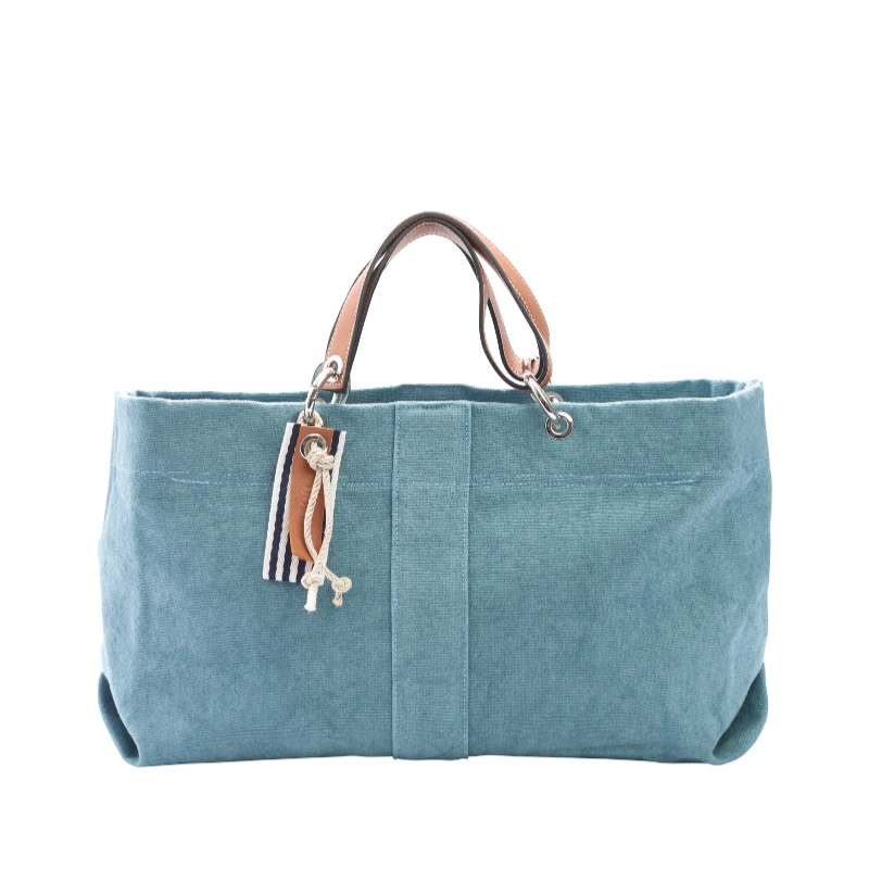 sac de ville modulable en coton bleu français avec des anses en cuir naturel