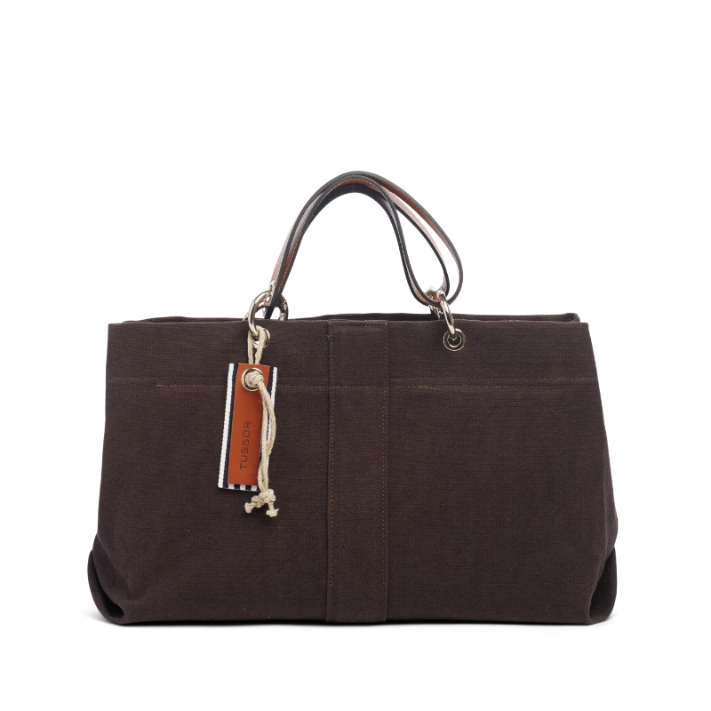 sac de ville modulable en coton chocolat et ses anses en cuir naturel