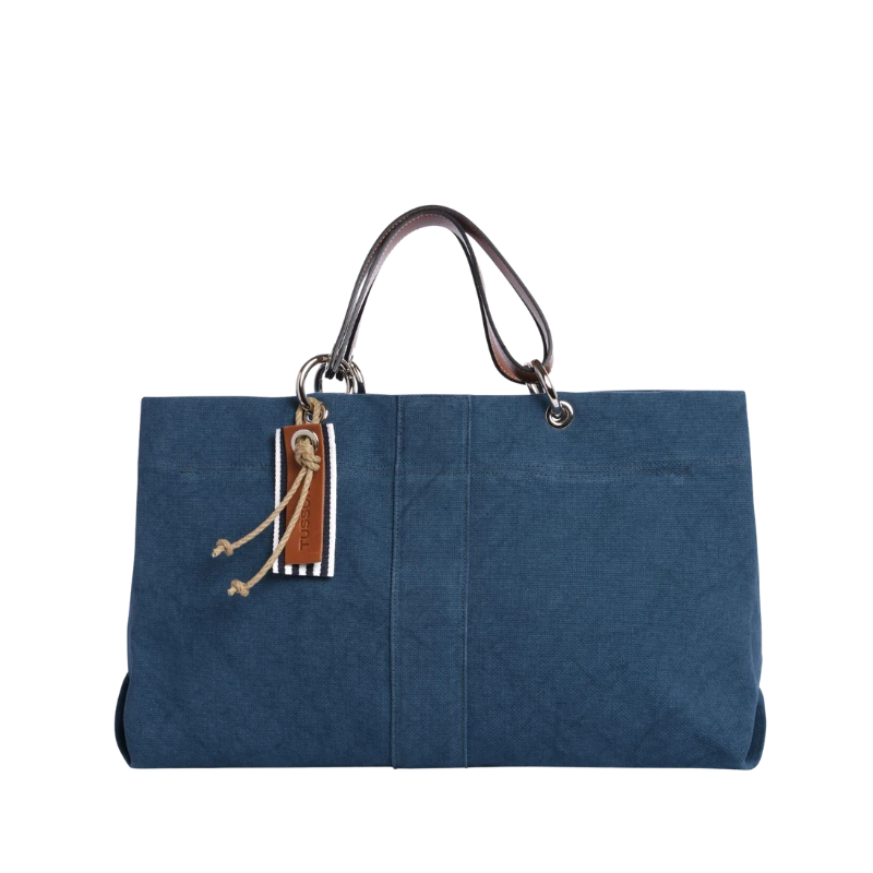 sac de ville modulable en coton bleu canard et ses anses en cuir naturel