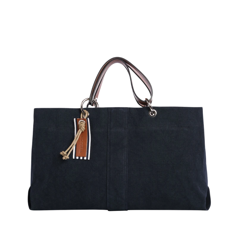 sac de ville modulable en coton marine avec des anses en cuir naturel