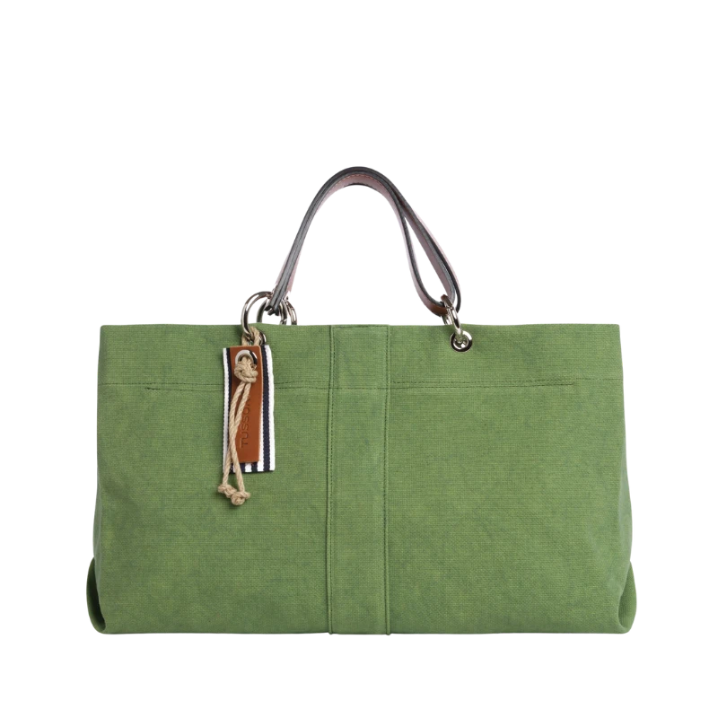 sac de ville modulable en coton vert avec des anses en cuir naturel