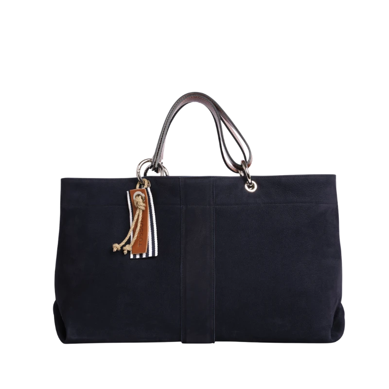sac de ville modulable en cuir nubuck veau bleu marine avec des anses en cuir naturel