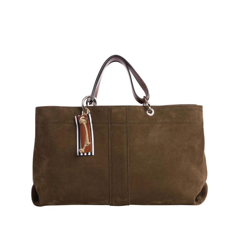 sac de ville modulable en cuir nubuck veau taupeavec des anses en cuir naturel