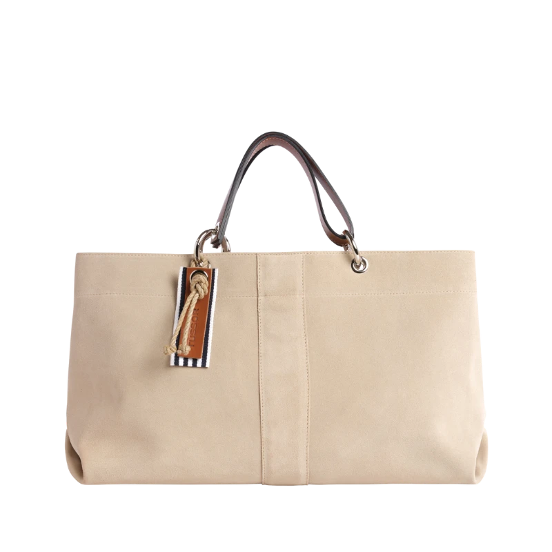 sac de ville modulable en cuir vachette velours grège avec des anses en cuir naturel