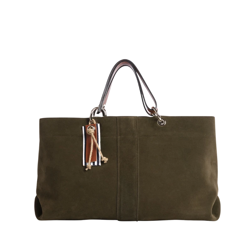 sac de ville modulable en cuir vachette velours Kaki avec des anses en cuir naturel