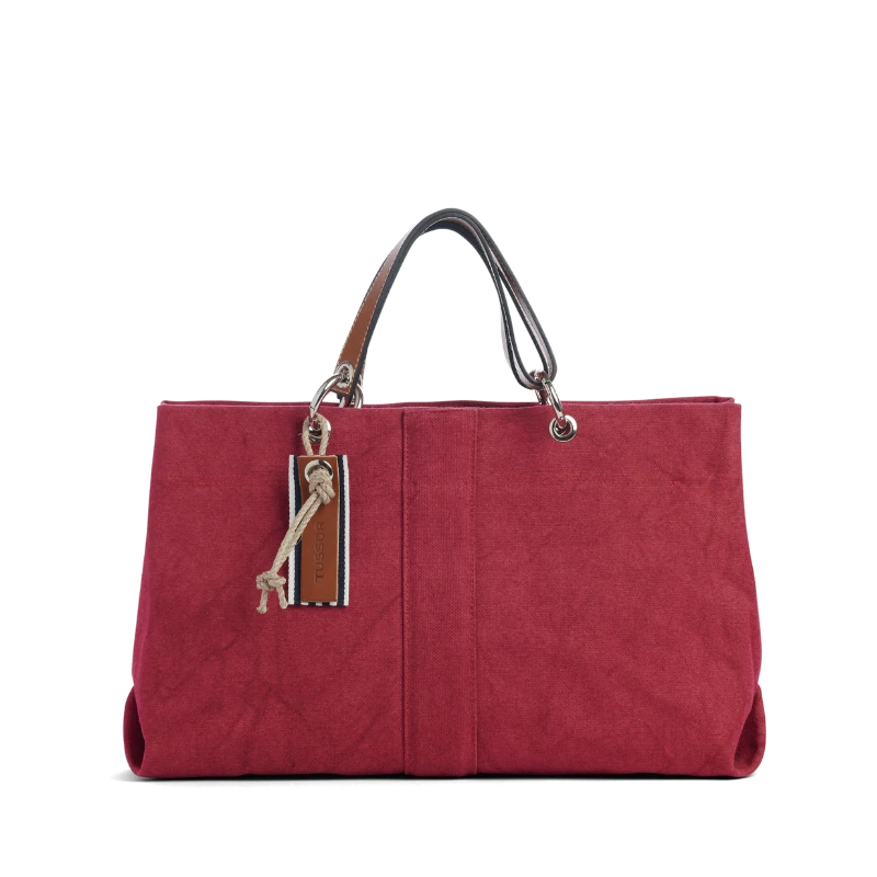 sac de ville modulable en chanvre et lin framboise avec des anses en cuir naturel