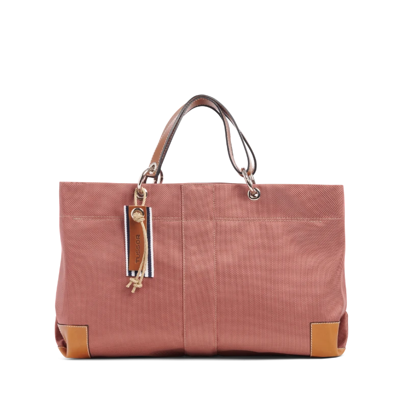 sac de ville modulable en polyester givre bois de rose avec des anses en cuir naturel